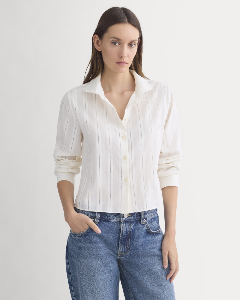 Textured Mini Collar Shirt in Bone — front view