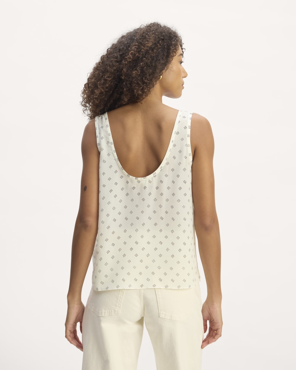 The Scoop Tank in Washable Silk in Bone / Black Square Dot — detail view