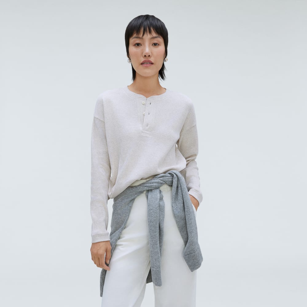 The Organic Cotton Waffle Henley in Heathered Tan — detail view