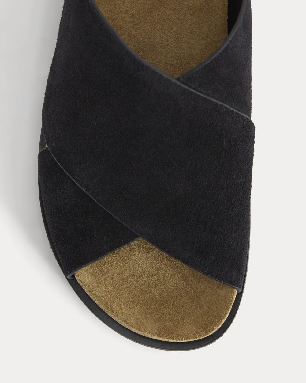 The Suede Crossover Sandal in Black — detail view