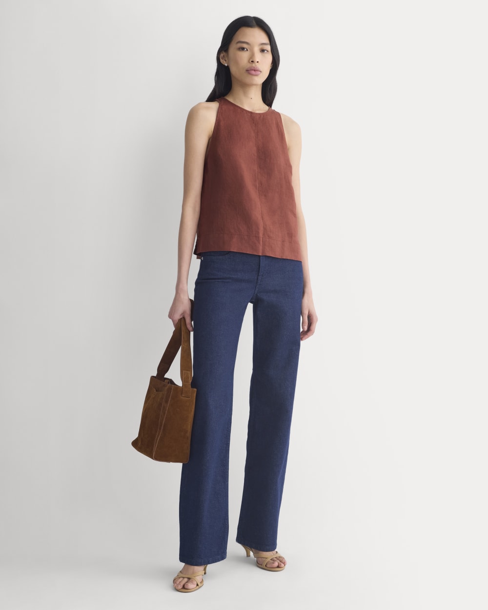 The Linen High-Neck Tank in Henna Red — detail view