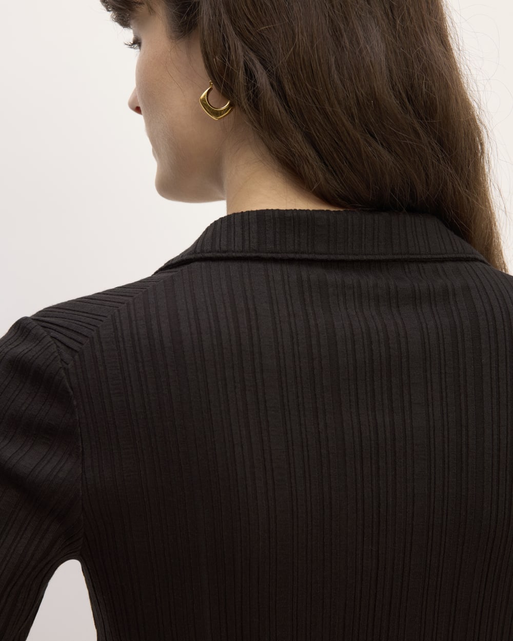 The Rib Soft Knit Open Collar Polo in Black — detail view