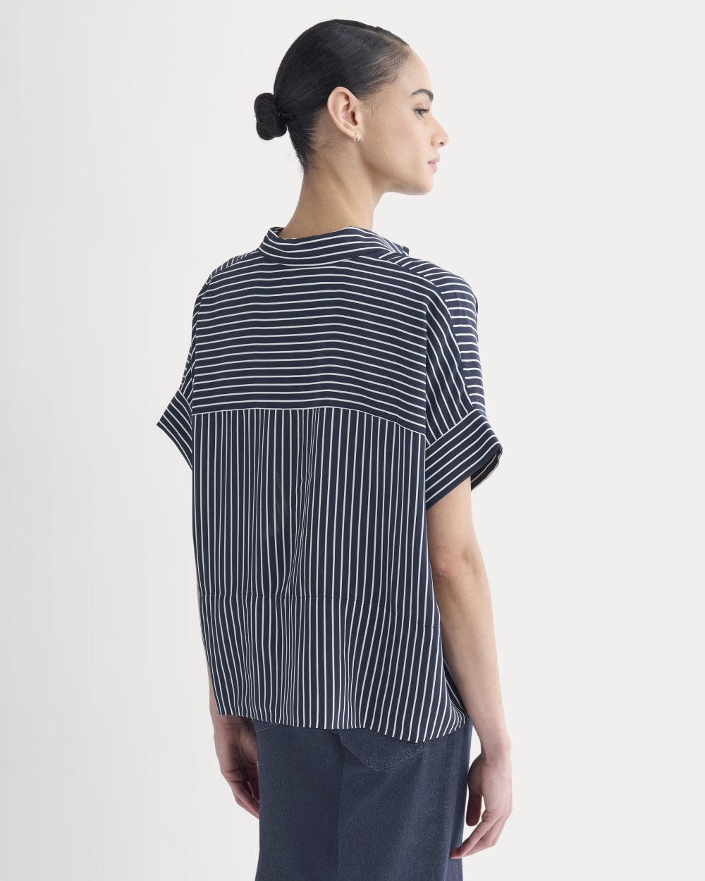 The Boxy Shirt in Washable Silk in True Navy / Bone Stripe — detail view
