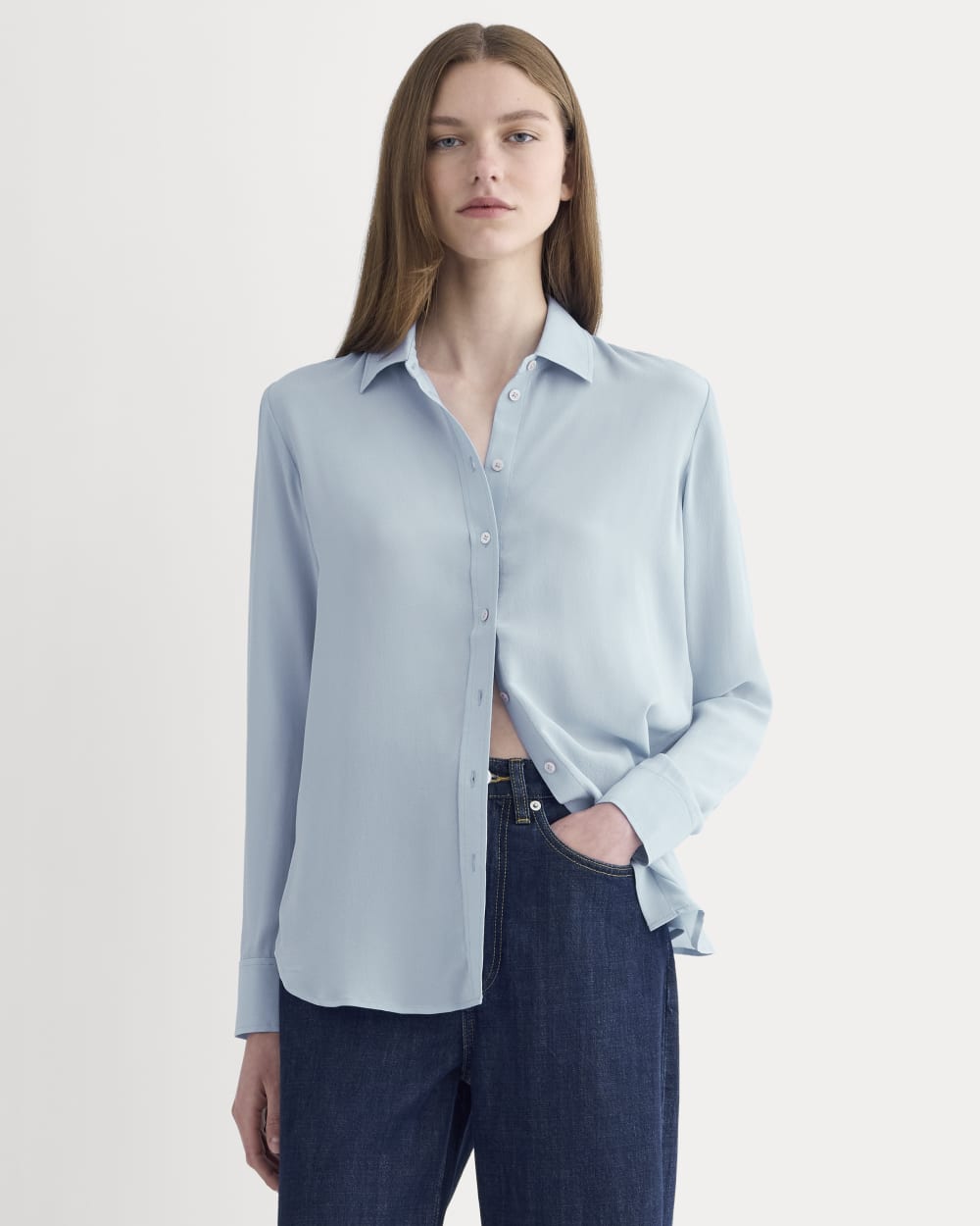 The Must-Have Shirt in Washable Silk in Soft Blue — front view