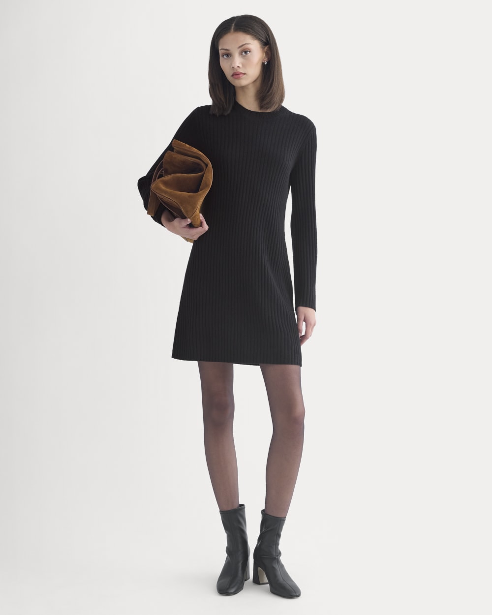 Cashmere Long-Sleeve Mini Dress in Black — front view