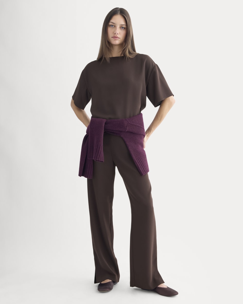 Drapey Crepe Top in Dark Chocolate — detail view