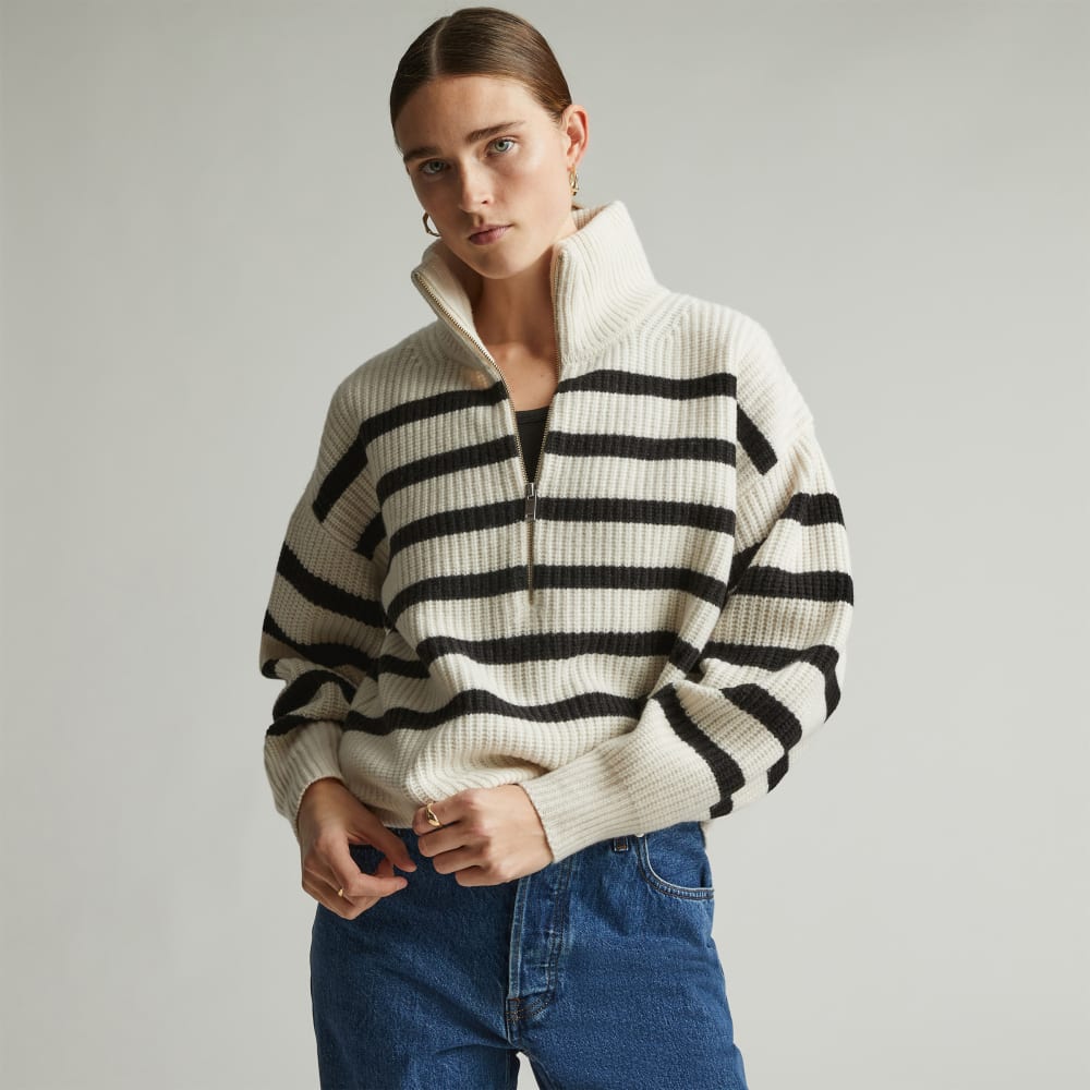 The Half-Zip Sweater in Luxe Merino in Bone / Black — front view