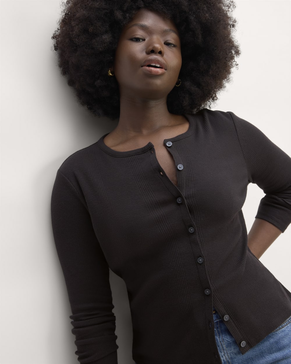 The Vintage Rib Cardigan in Black — detail view