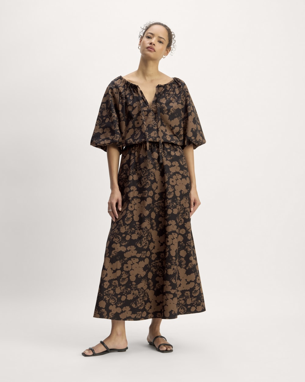 The Supima® Puff-Sleeve Top in Black / Cocoa Floral — detail view