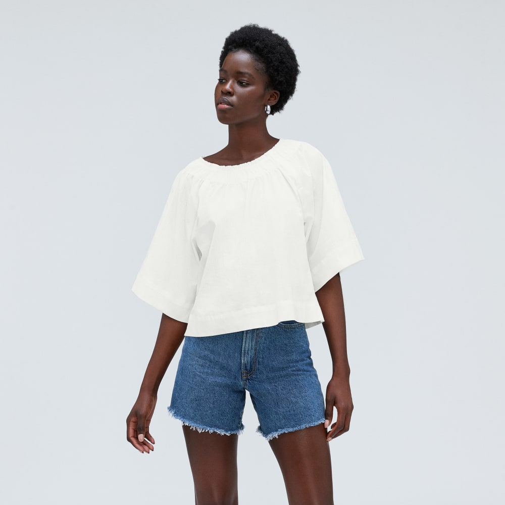 The Seersucker Gathered Tee in White — alternate view
