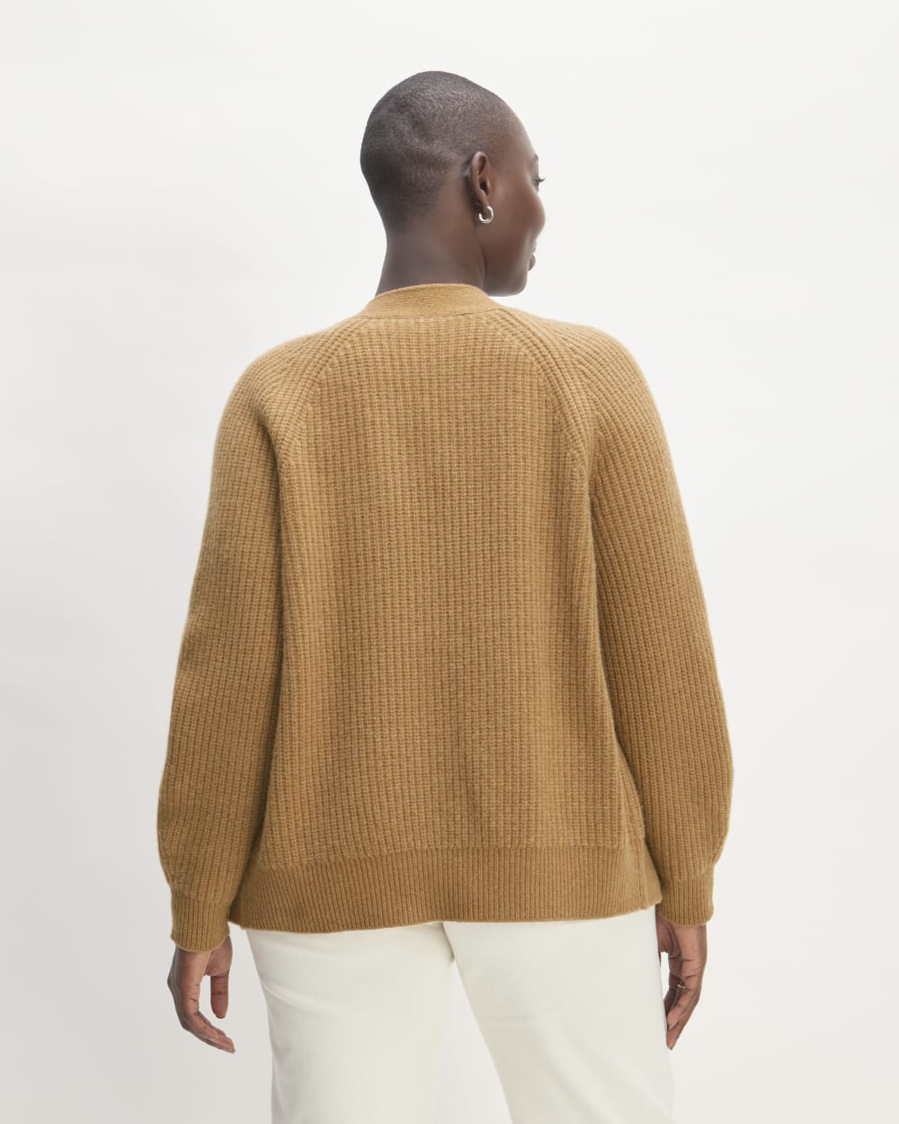 The Felted Merino Cardigan in Deep Camel — detail view