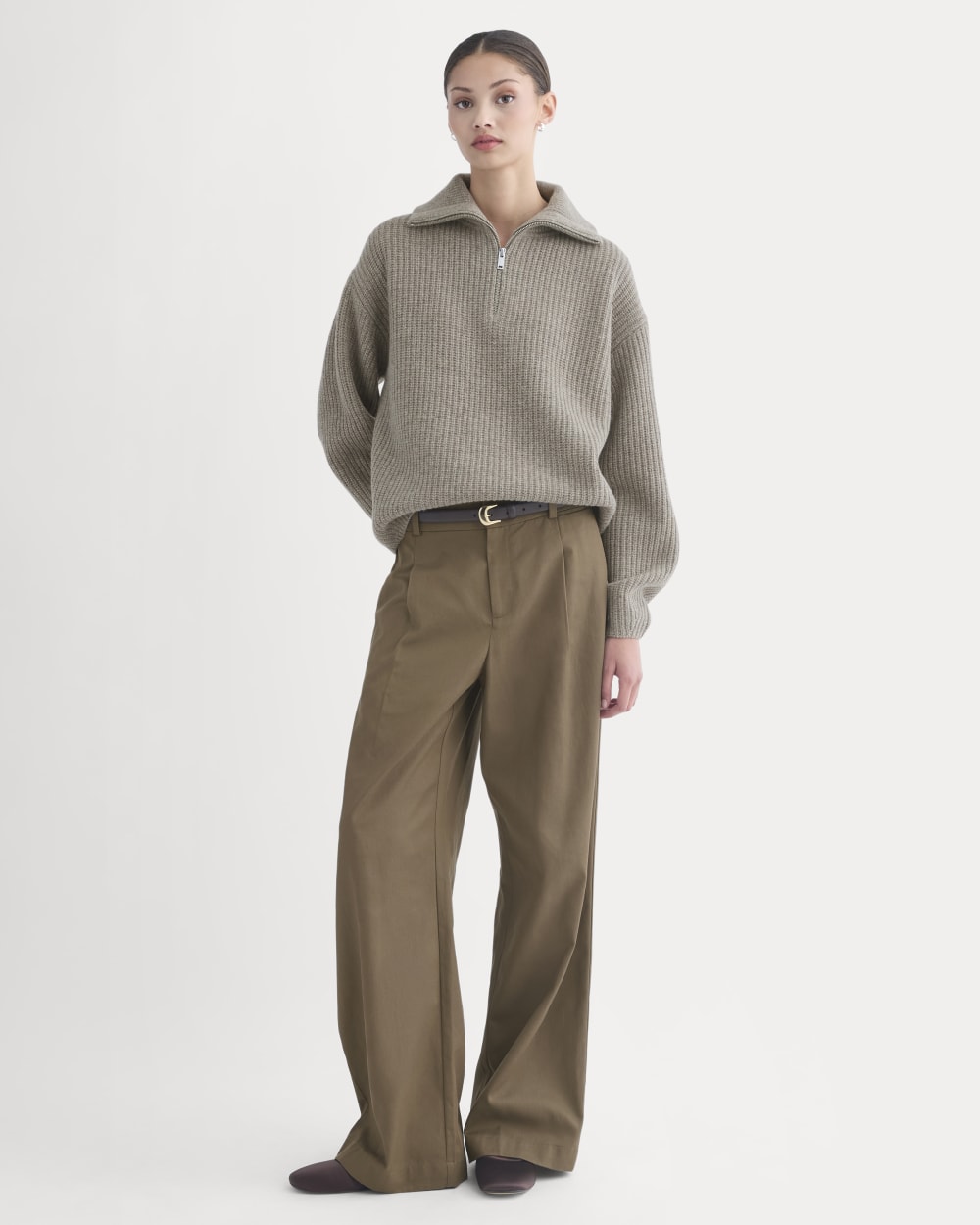 The Half-Zip Sweater in Luxe Merino in Heather Soft Taupe — front view