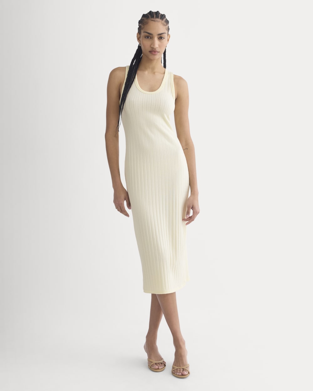 Scoop-Neck Midi Dress in Pointelle Knit in Lemon Icing — front view