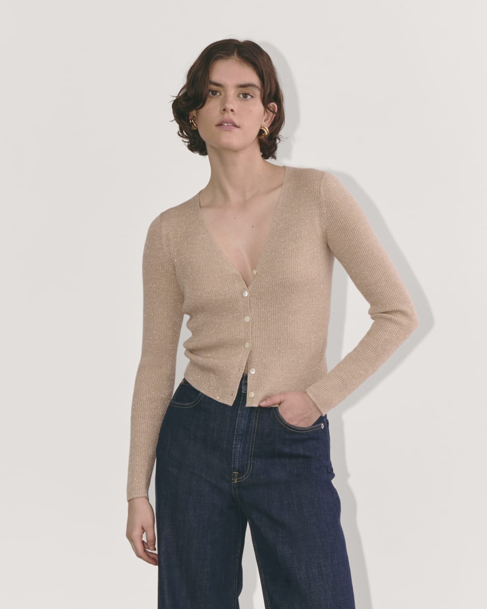 The Cardigan in Lurex Merino in Gold — front view