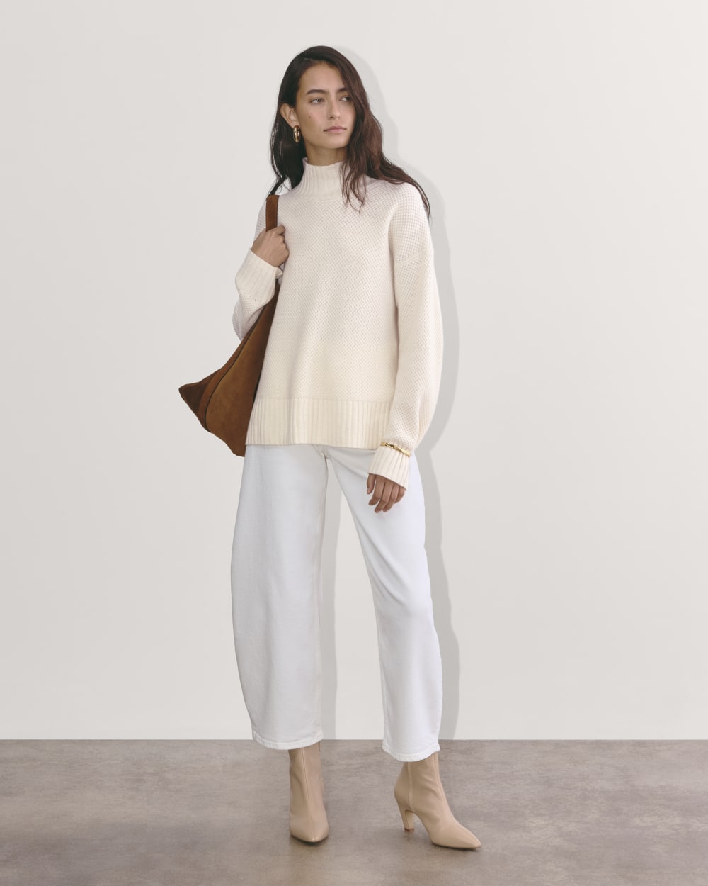 The Honeycomb Funnel Neck in Wool Cashmere in Bone — detail view