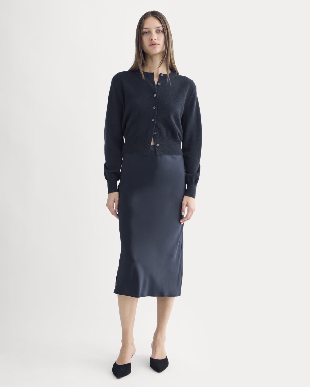 Slip Skirt in Silk Charmeuse in Navy — front view