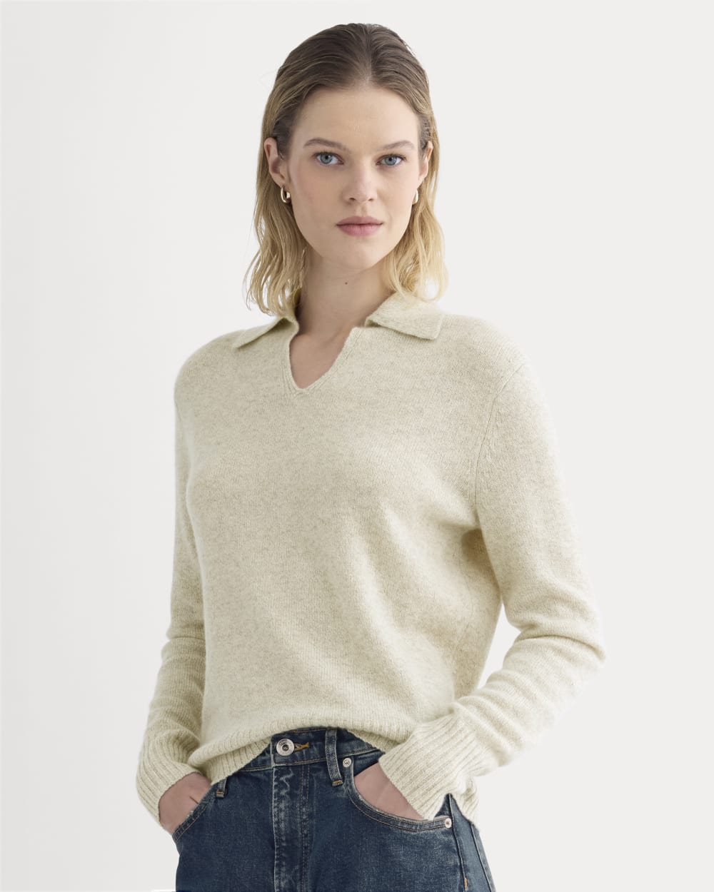 Cashmere Polo Sweater in Canvas — front view