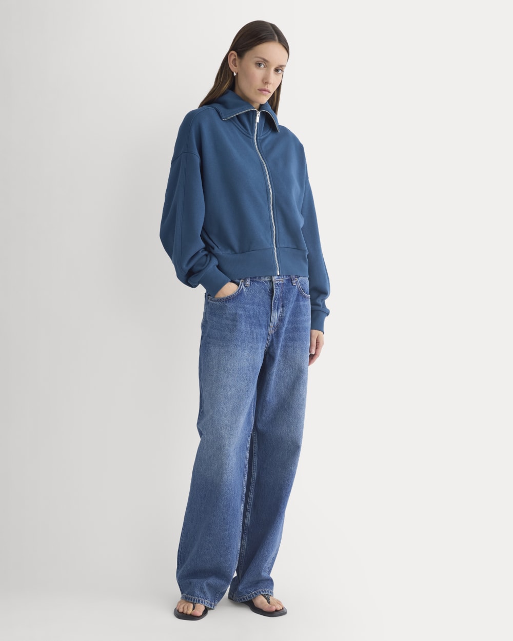 Lightweight Terry Cropped Full-Zip in Blue Wing Teal — detail view