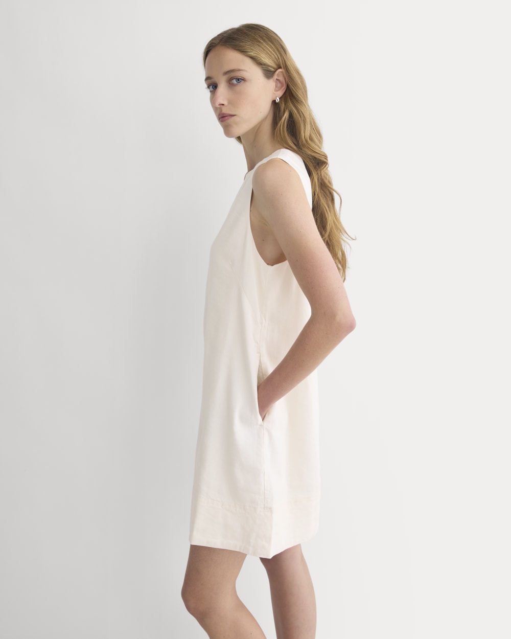 The Shift Dress in Stretch Linen in Bone — front view