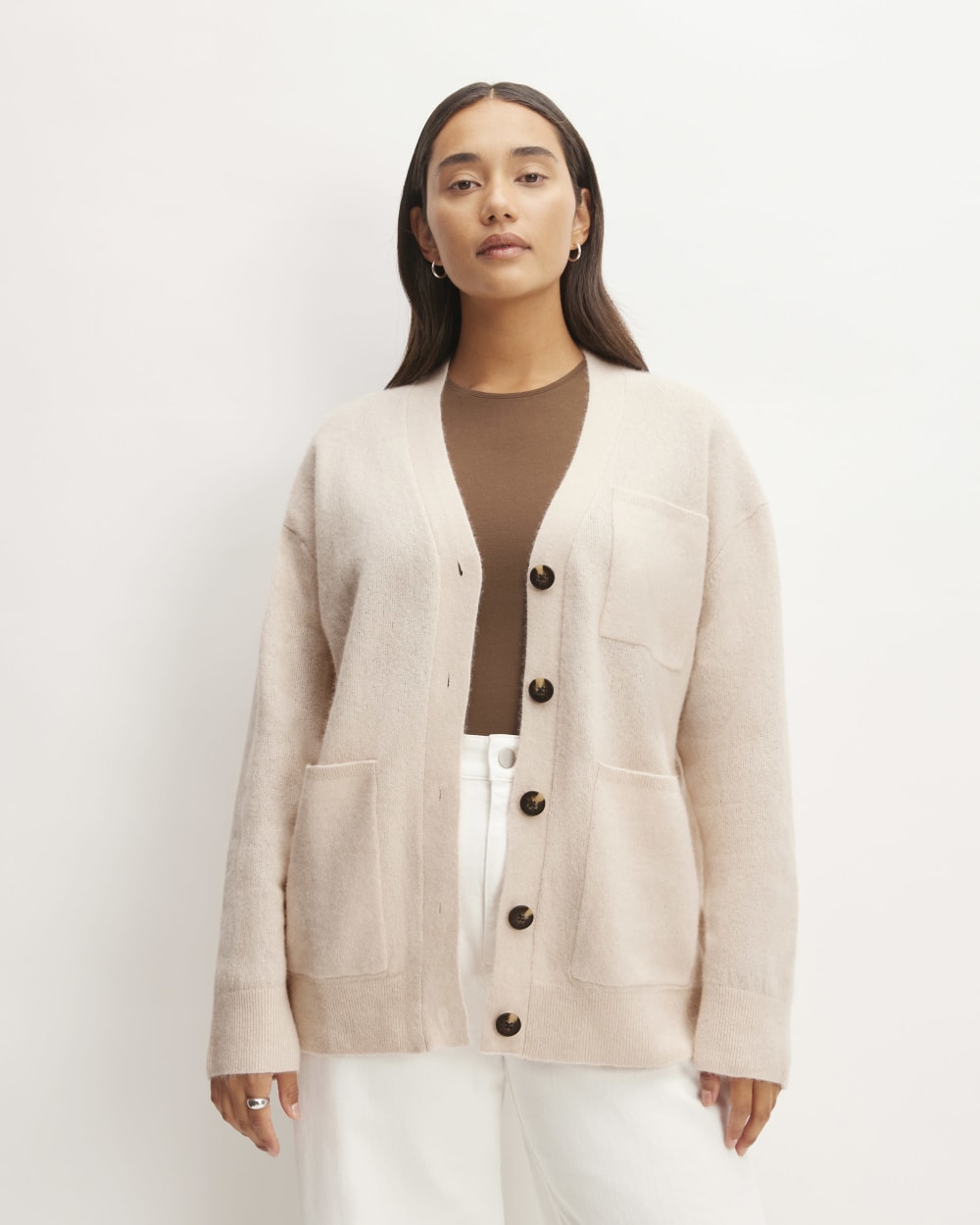 The Cozy-Stretch Relaxed Cardigan in Whisper Pink — front view