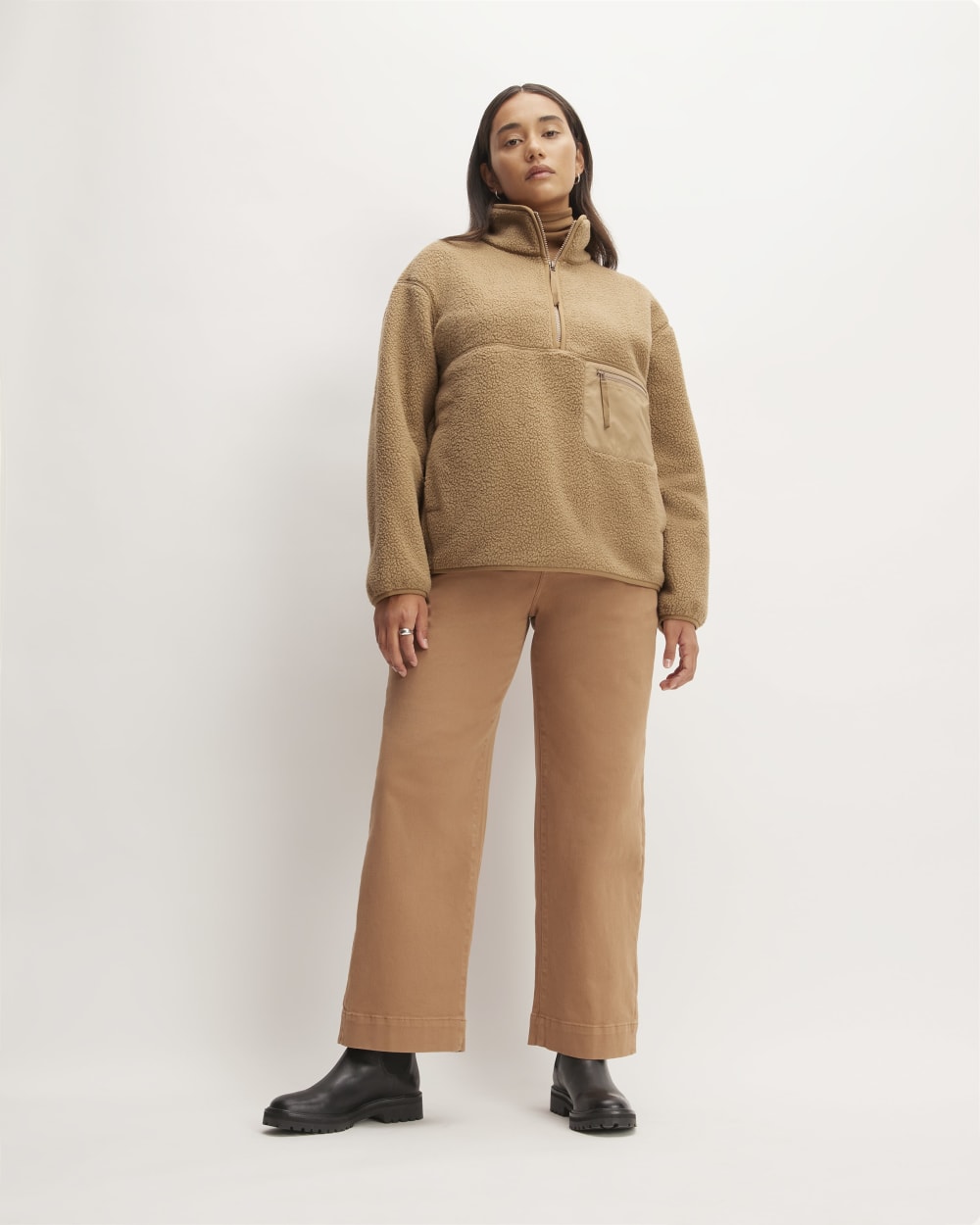 The ReNew Fleece Oversized Half-Zip in Tiger's Eye — detail view