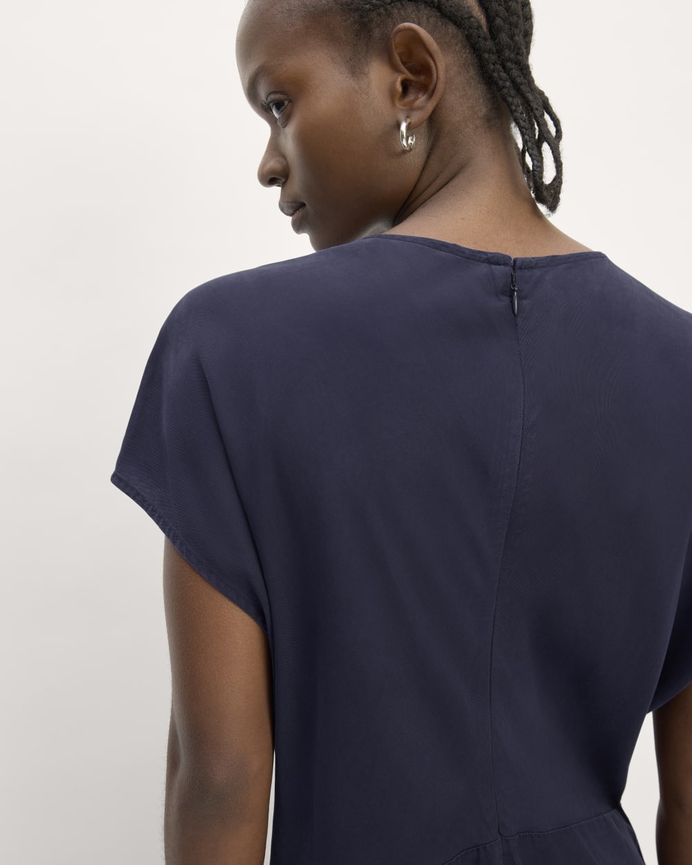 The TENCEL™ Short-Sleeve Midi Dress in Navy — detail view