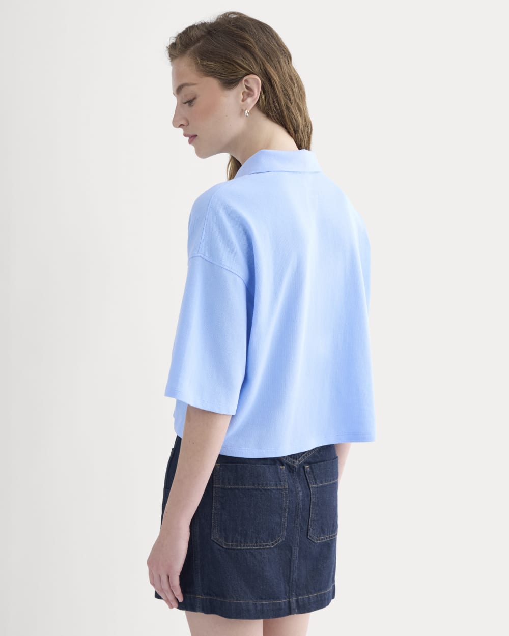 Pique Boxy Polo in Open Air Blue — detail view
