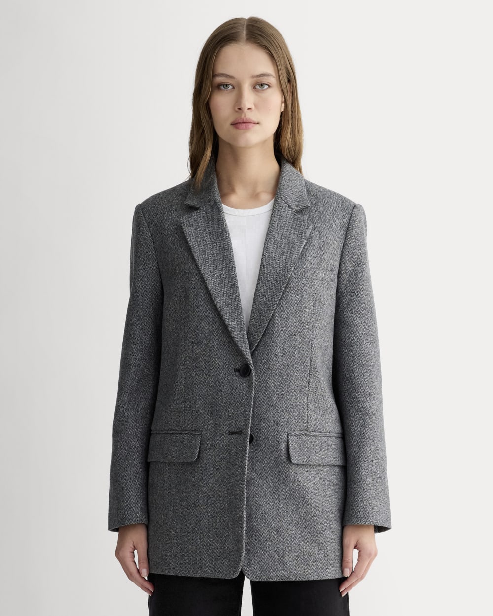 The Oversized Blazer in Wool in Grey Herringbone — front view