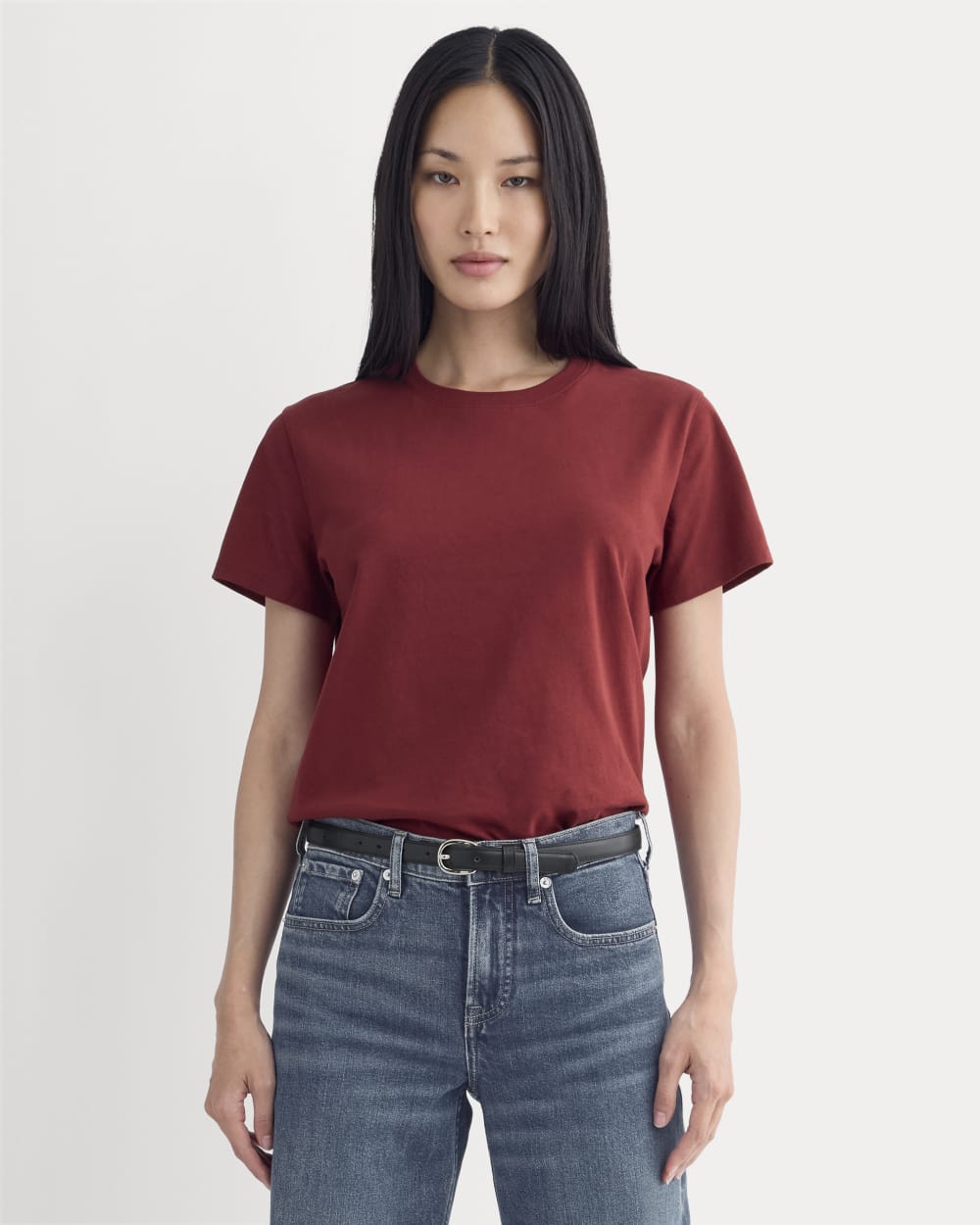 The Box-Cut Tee in Essential Cotton in Merlot — front view