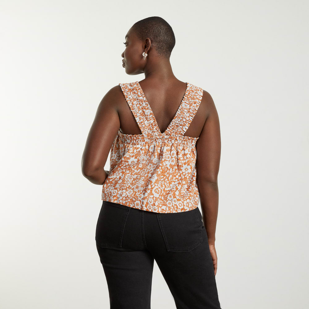 The Smocked Linen Cami in Honey Floral — detail view