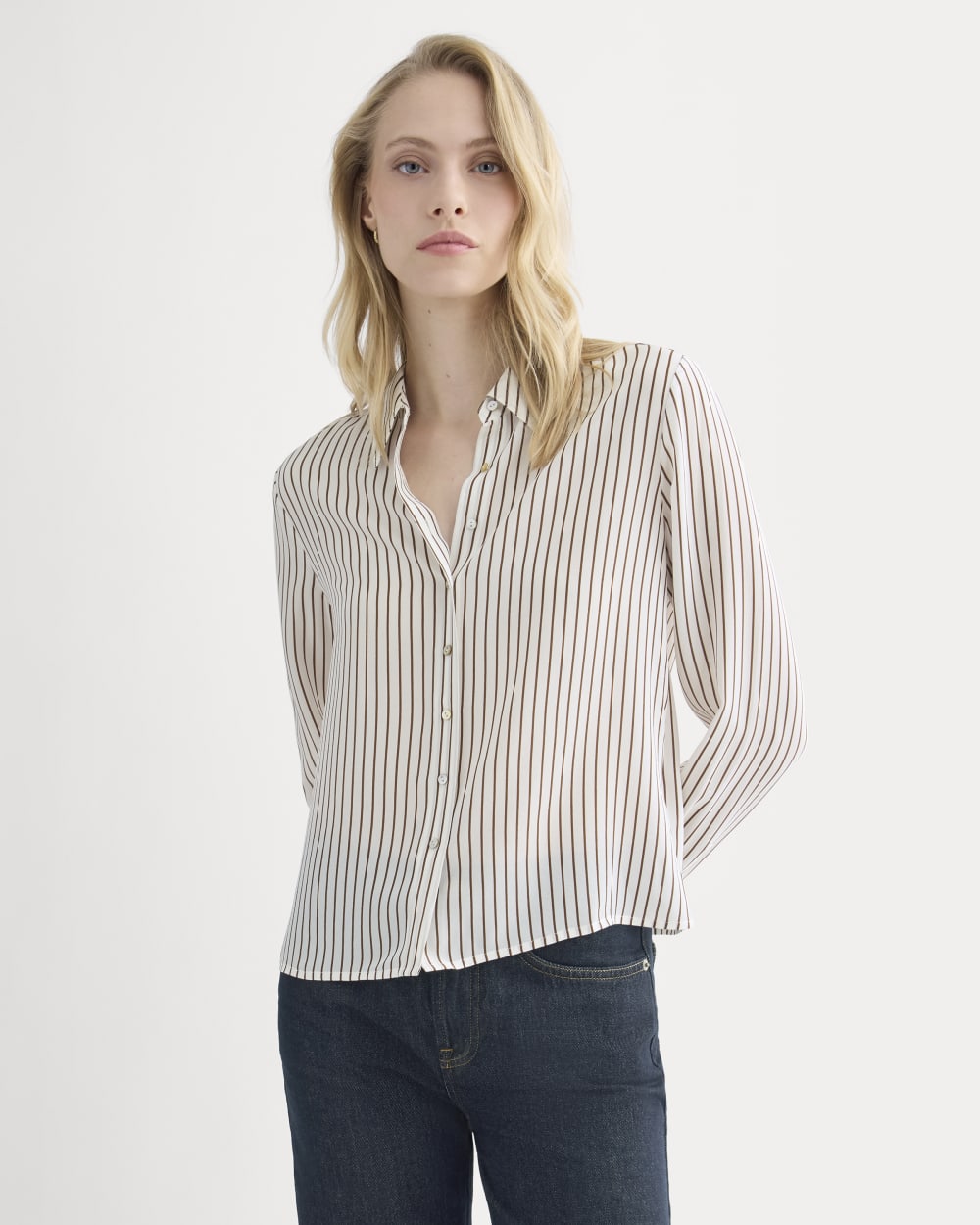 Shrunken Top in Washable Silk in Bone / Toffee Stripe — detail view