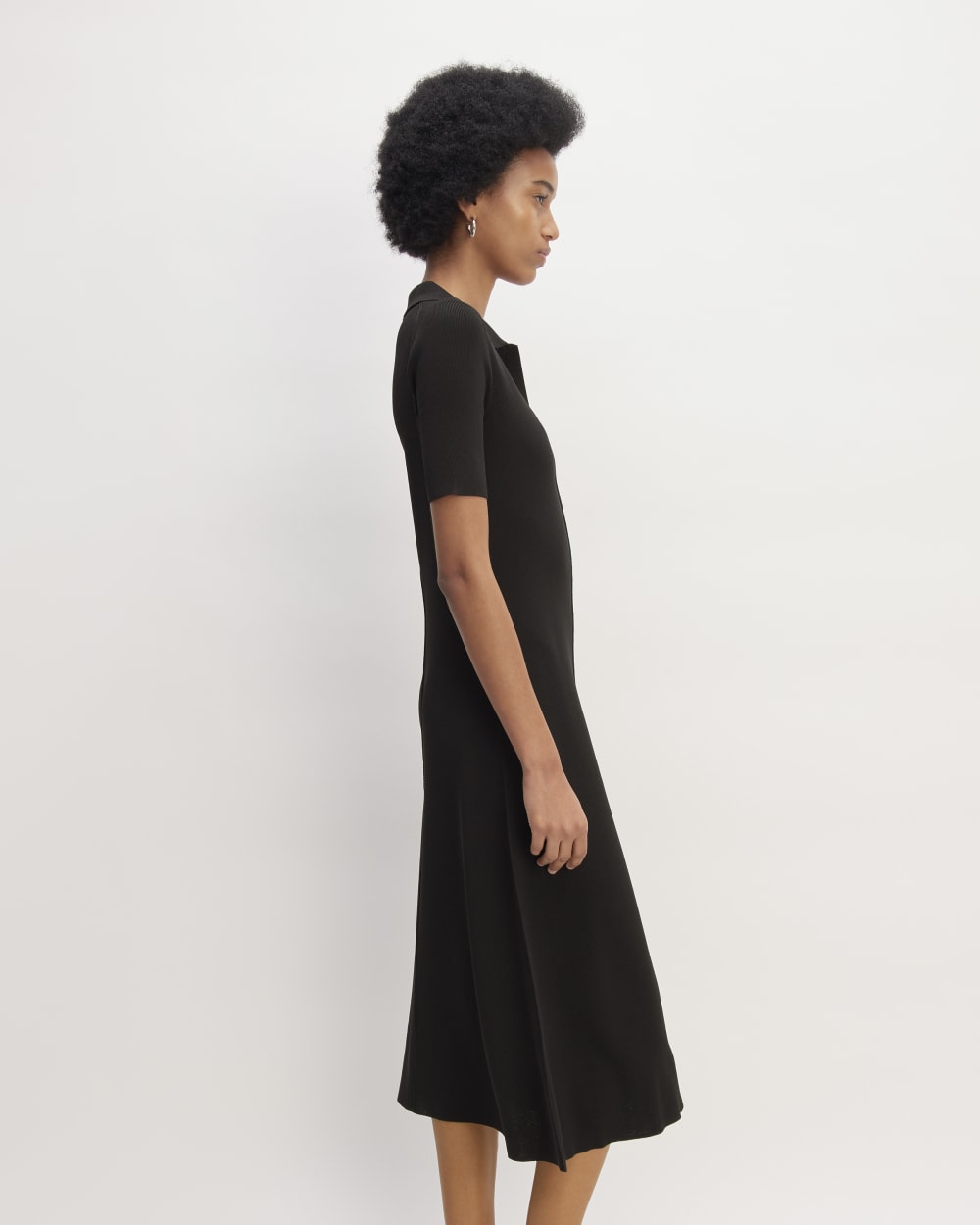The Viscose Knit Polo Midi Dress in Black — detail view