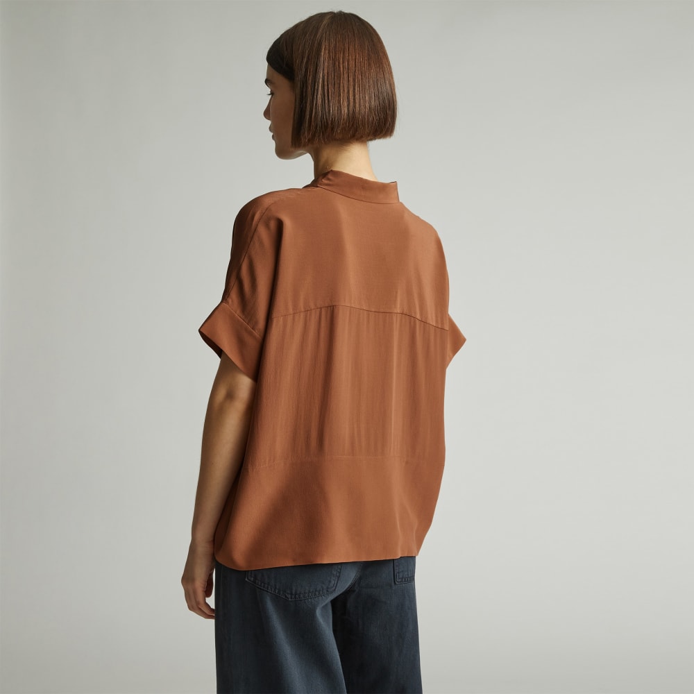 The Boxy Shirt in Washable Silk in Carob Brown — detail view