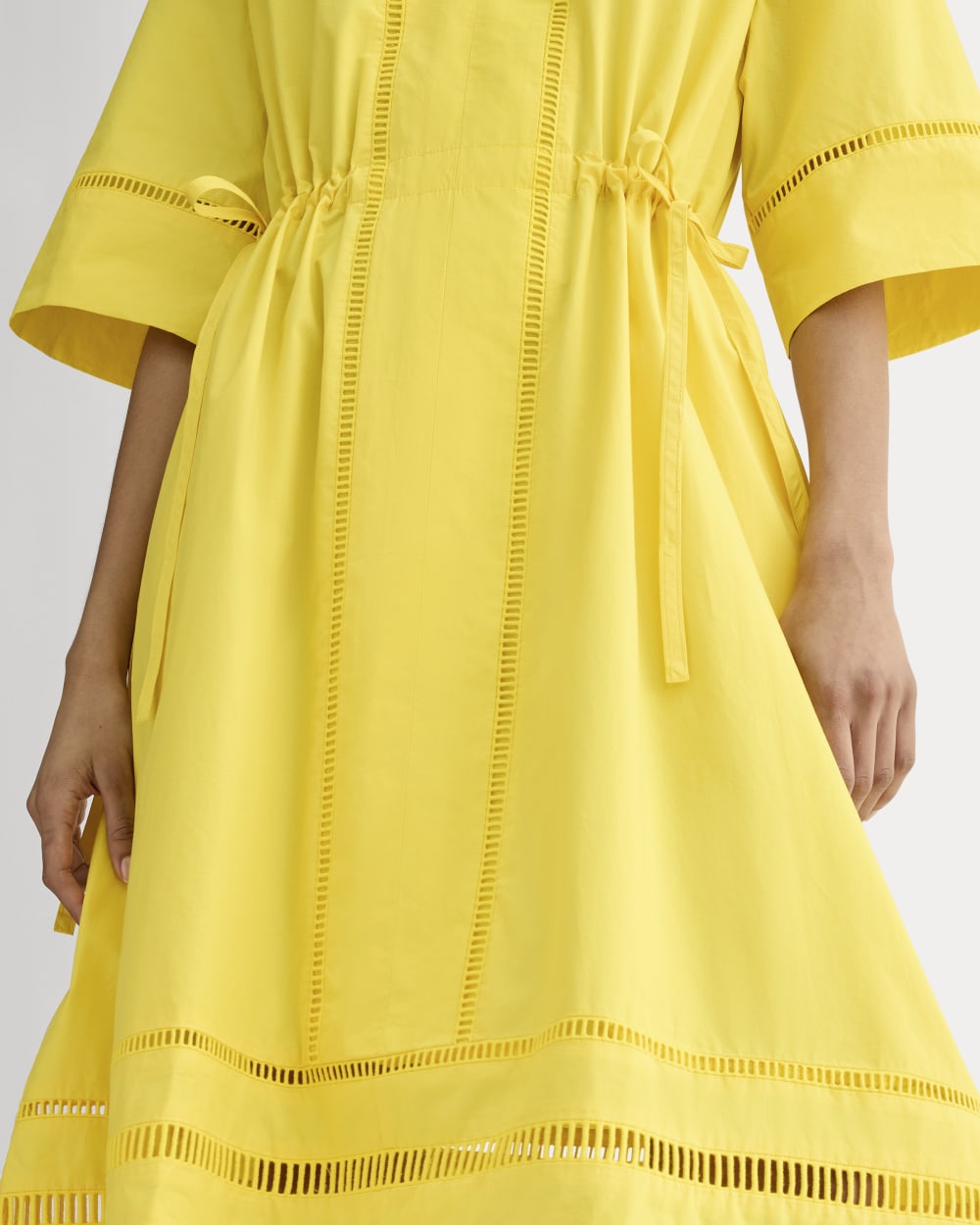 The Lace Trim Caftan Dress in High Visibility Yellow — detail view