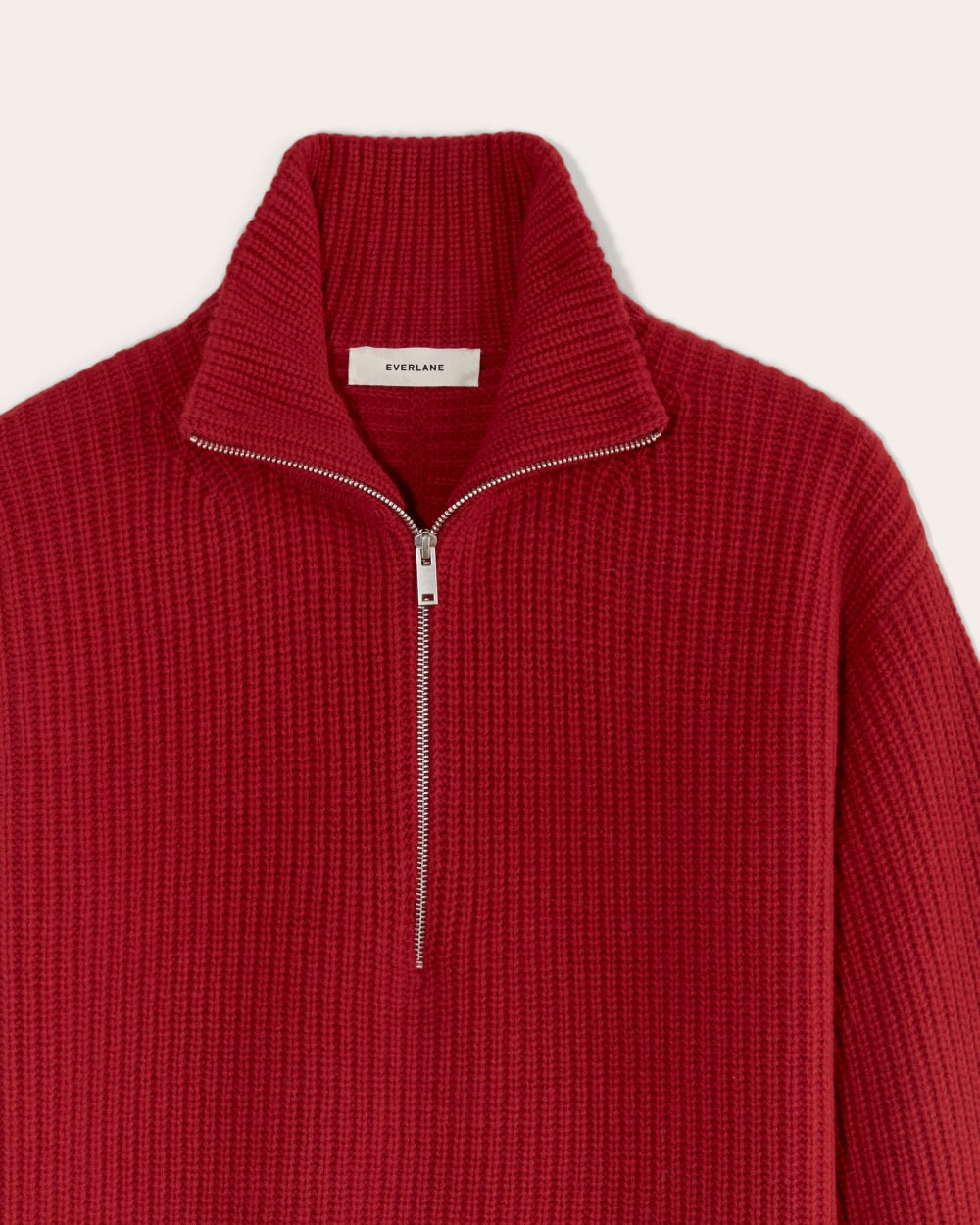 The Half-Zip Sweater in Luxe Merino in Berry Red — detail view