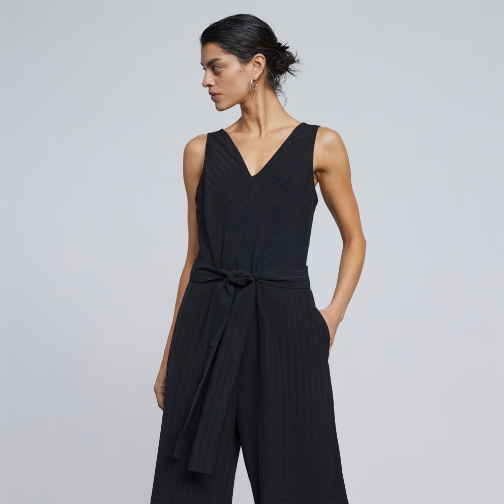 The City Stripe Draped Jumpsuit in Black — detail view