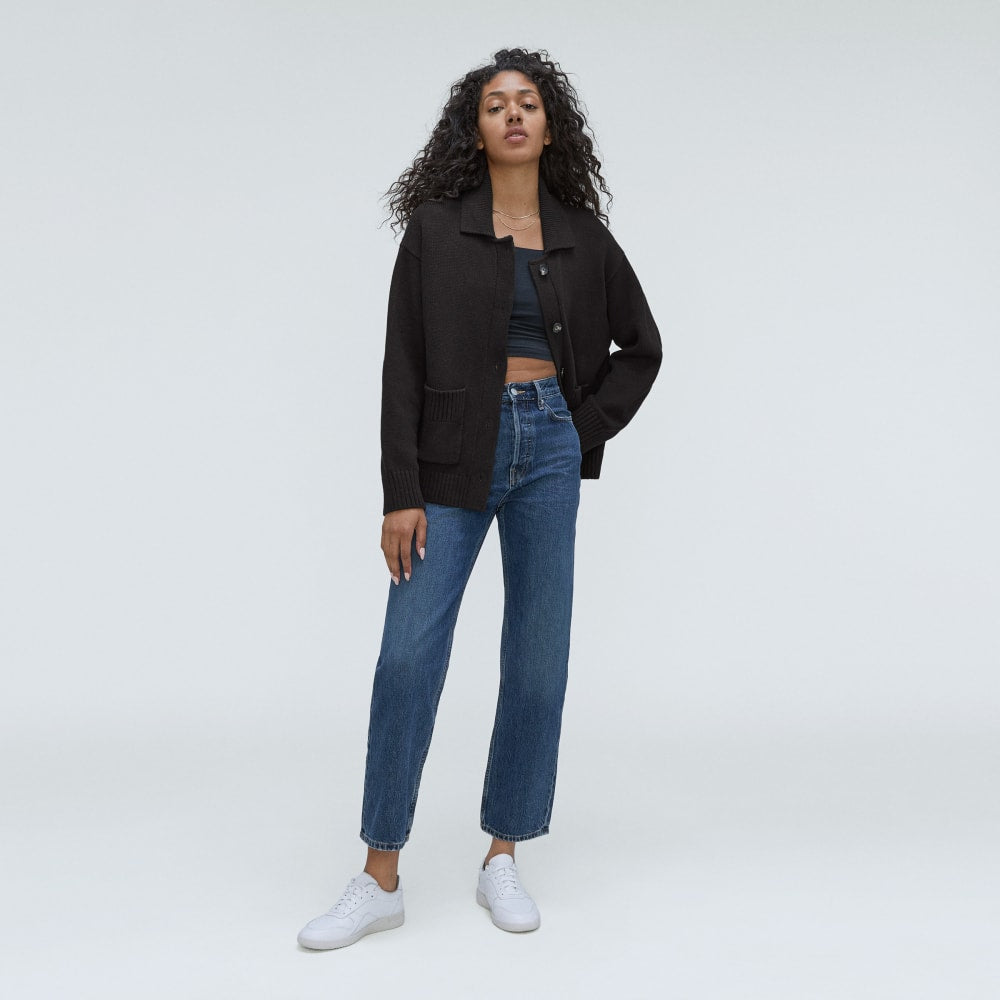 The Cotton Chore Sweater Jacket in Black — detail view