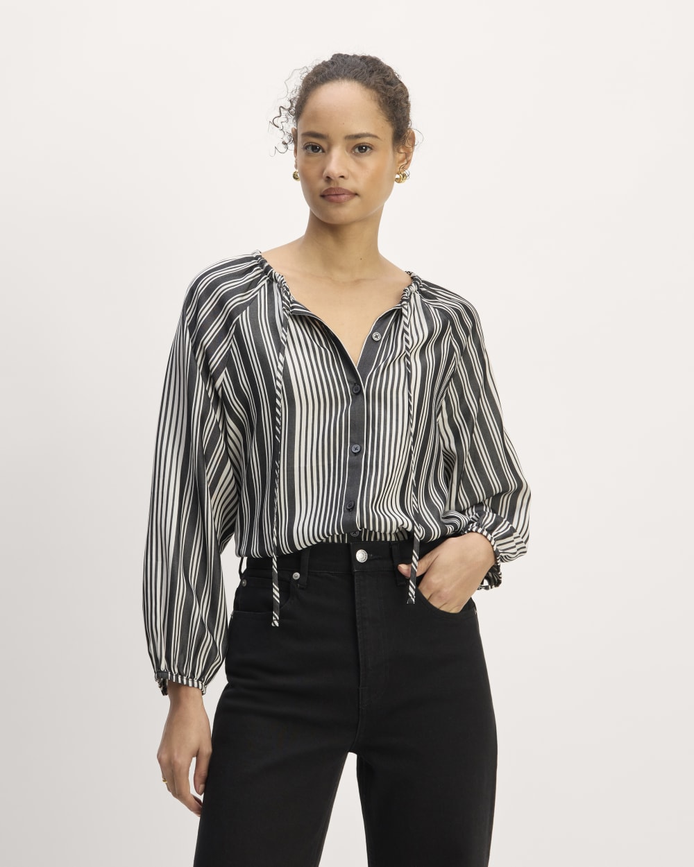 The Gathered Shirt in Butterlite in Black / Bone — front view