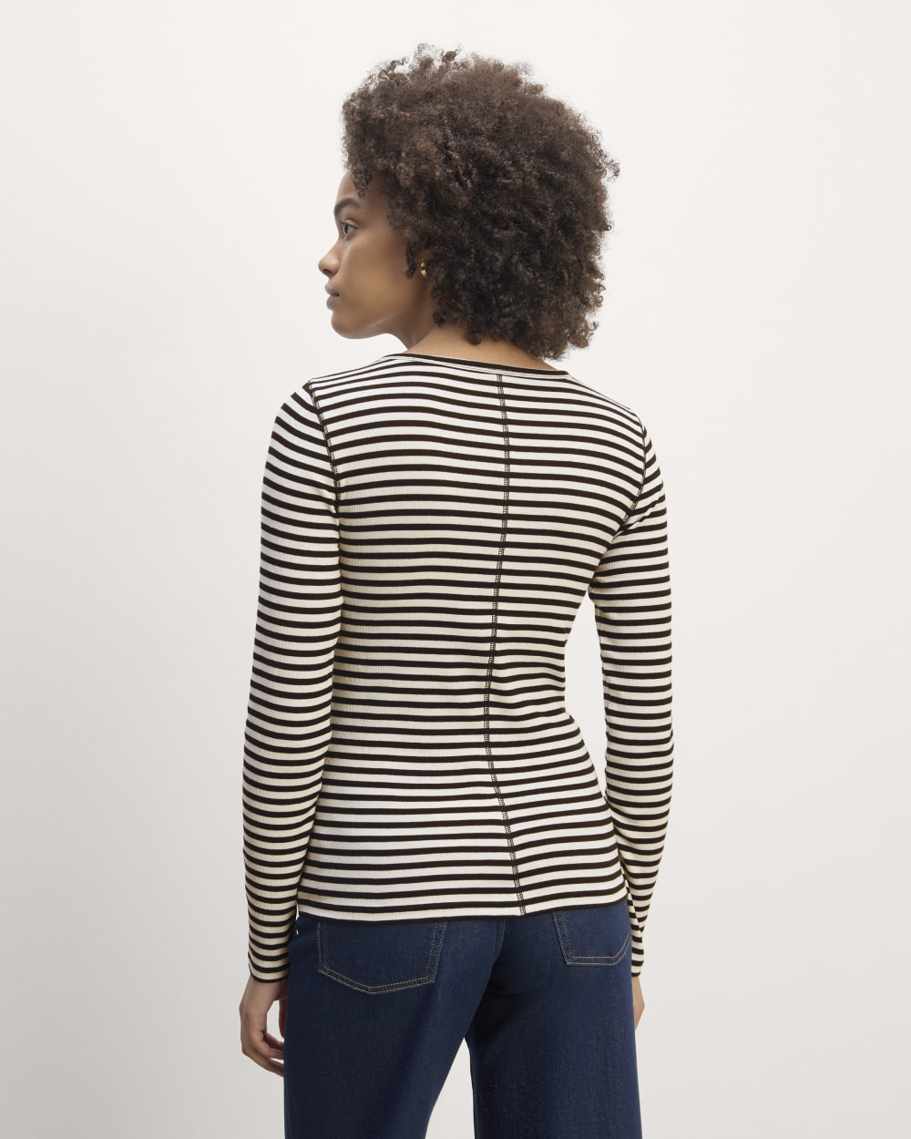 The Luxe Rib Long-Sleeve Crew in Bone / Black — detail view