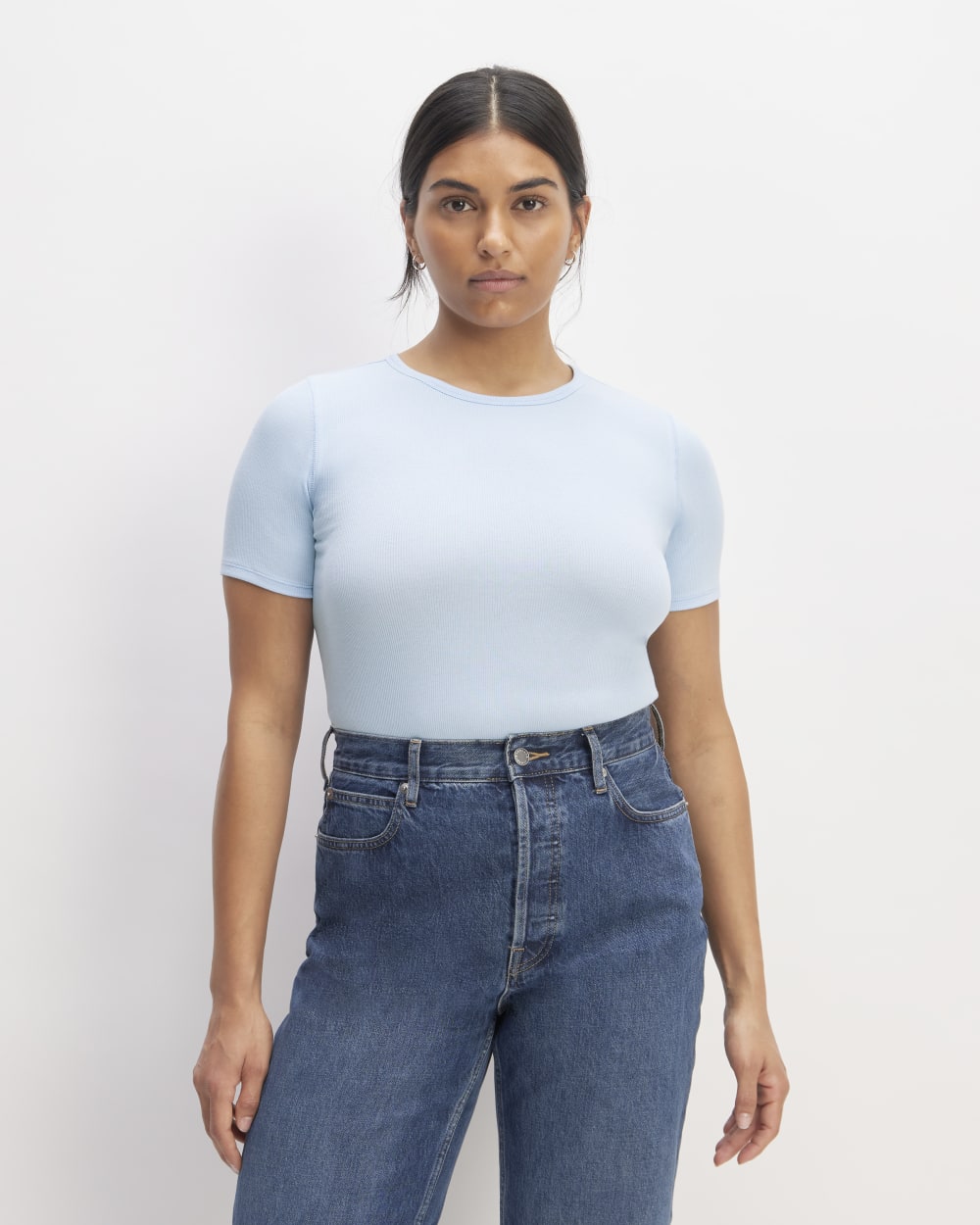 The Luxe Rib Crew in Chambray Blue — front view