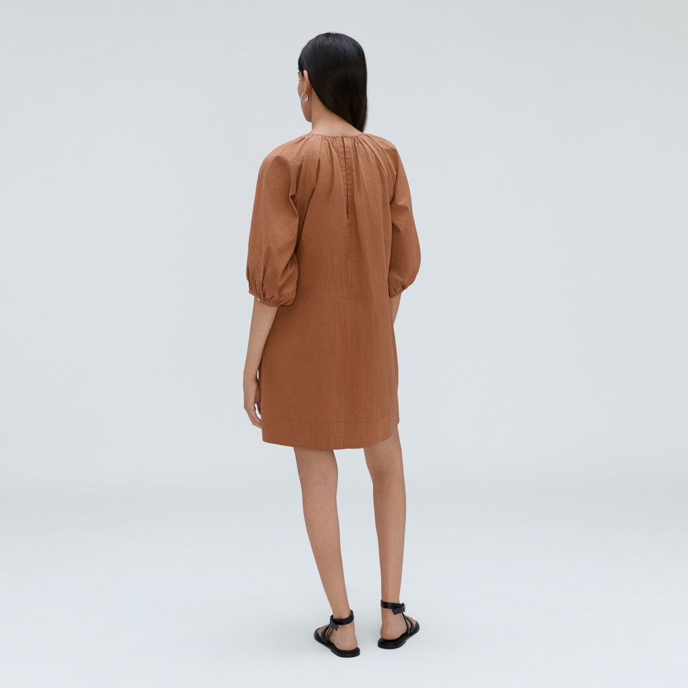 The Seersucker Puff Sleeve Dress in Tawny Brown — detail view