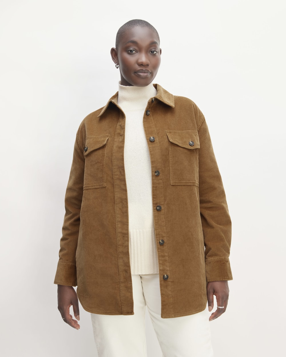 The Corduroy Oversized Shirt Jacket in Toasted Coconut — front view