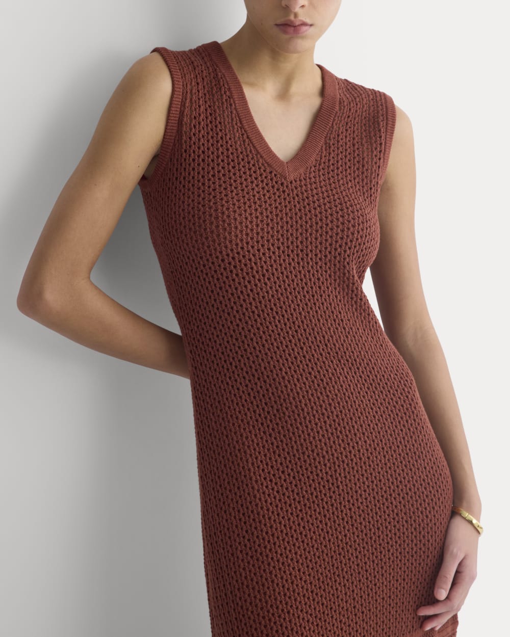 Lace Knit Maxi Sweater Dress in Henna Red — detail view