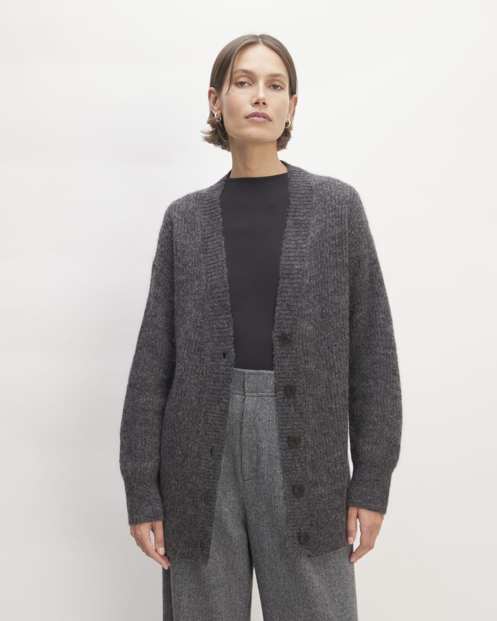 The Alpaca Oversized Cardigan in Dark Charcoal — front view