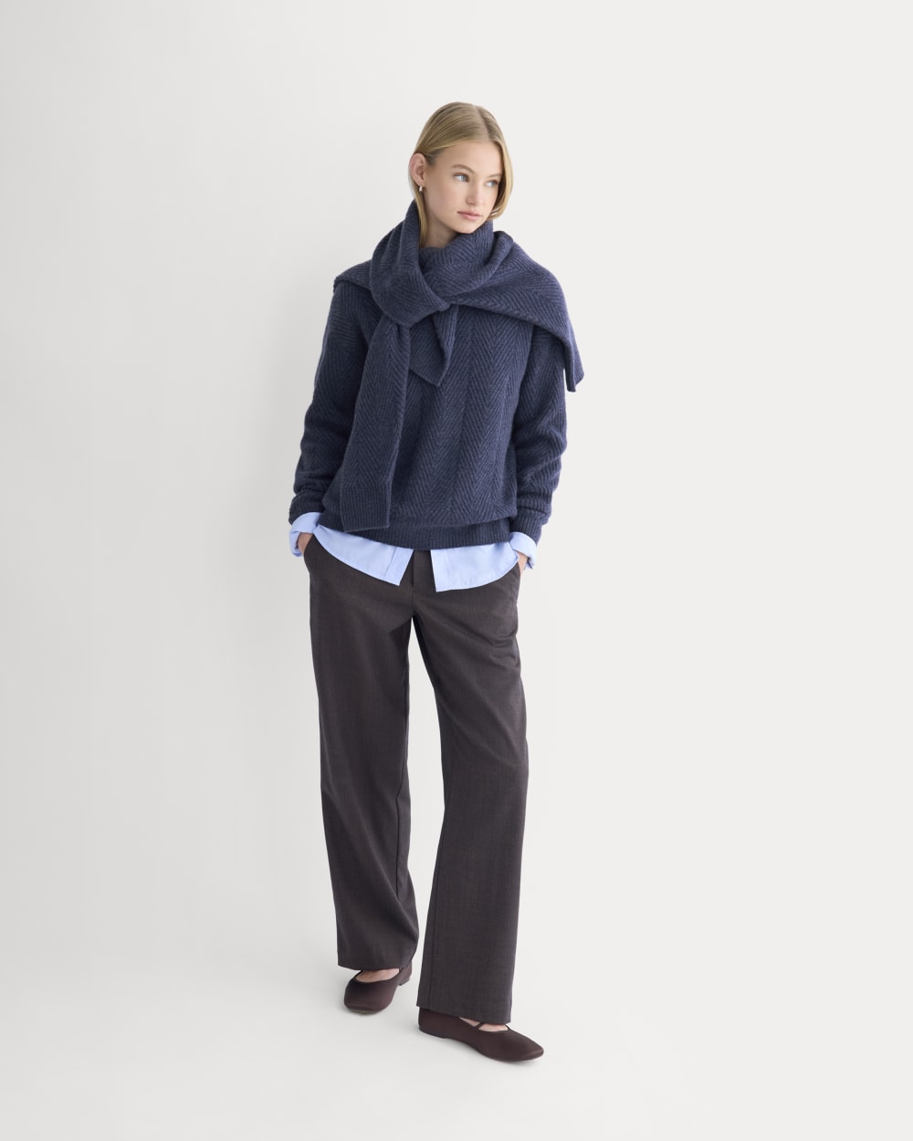 Cashmere Herringbone Sweater in Indigo — detail view