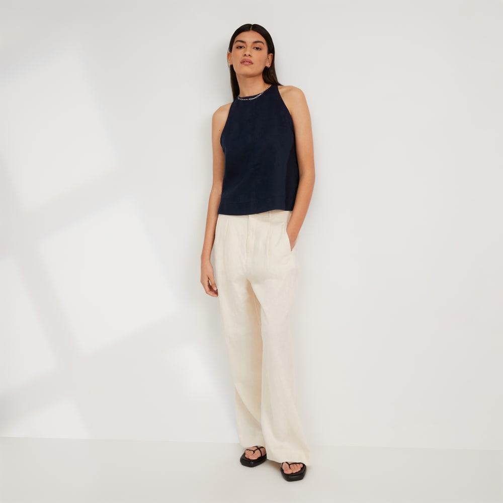 The Linen High-Neck Tank in Navy — detail view