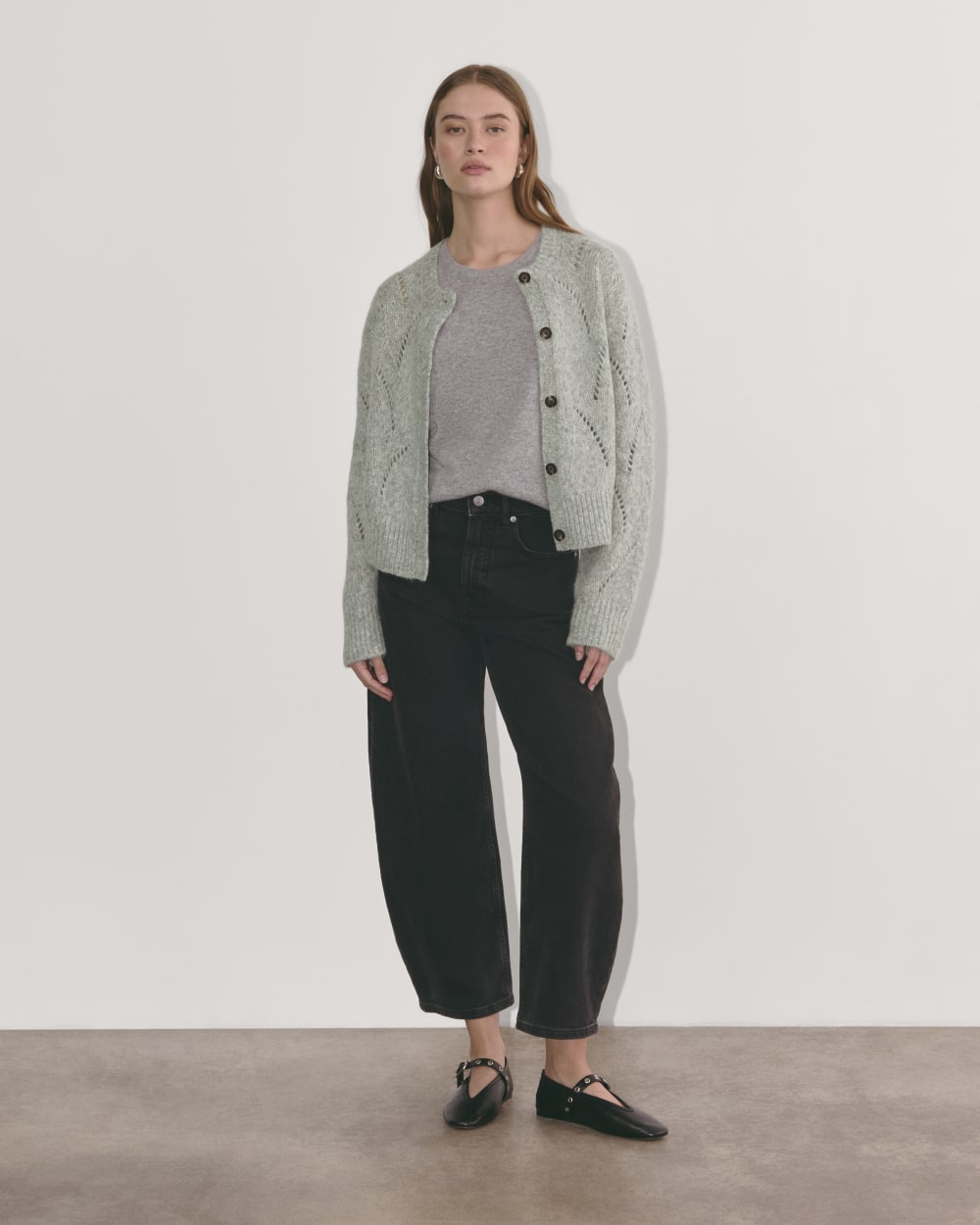 The Pointelle Cardigan in Cloud in Heather Grey — detail view