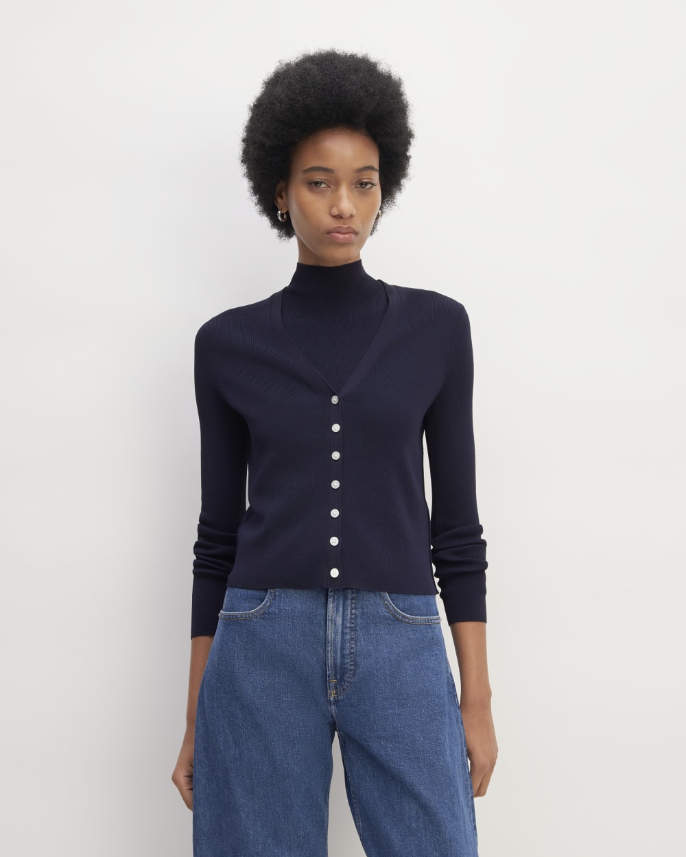 The Viscose Knit Cardigan in Navy — front view