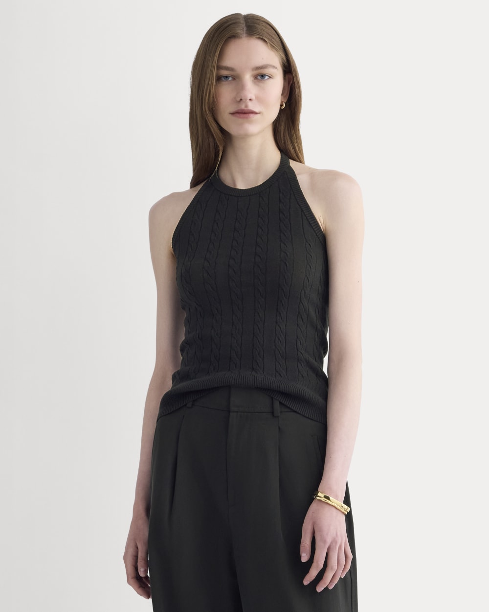 The Cable Halter in Cotton Cashmere in Black — front view