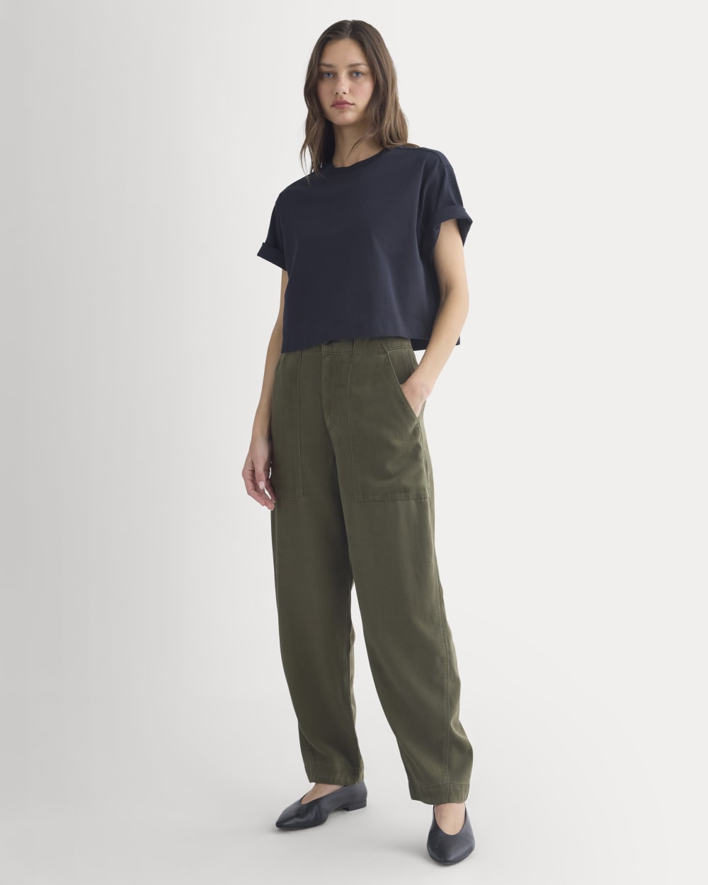 Patch Pocket Ballon Pant in Buttersoft in Olive Night — front view